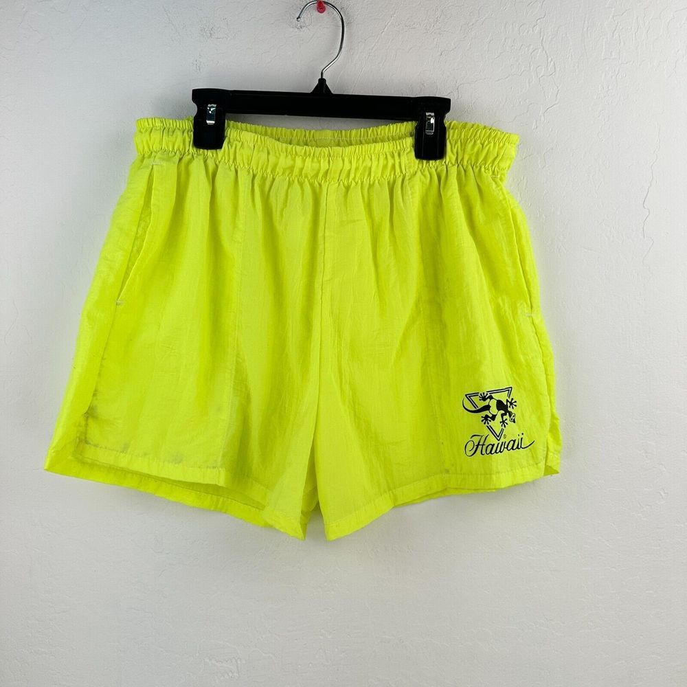 Vintage Shorts Mens L Neon Yellow Elastic Athleisure Volleyball Hawaii USA made